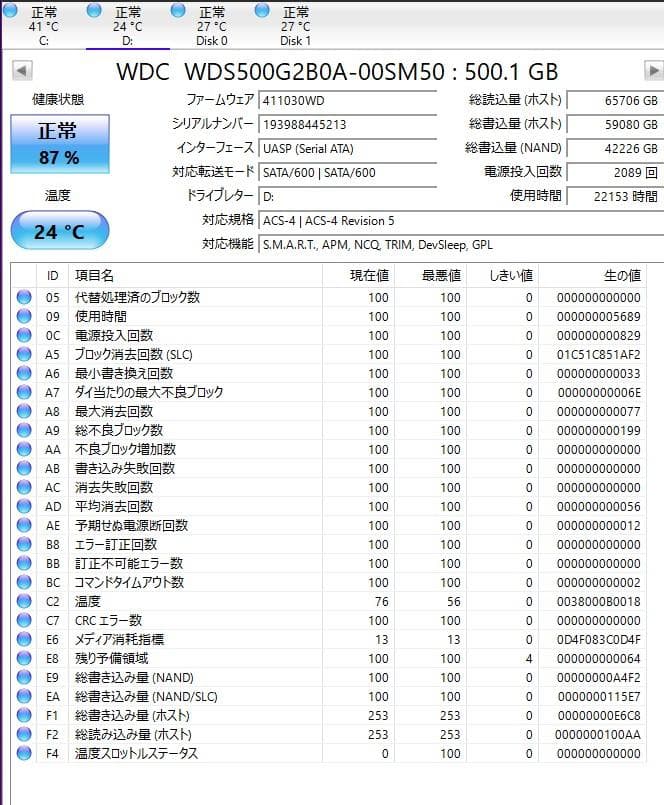 【中古】2.5インチSSD 500GB WDS500G2B0A